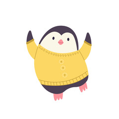 Playful cartoon vector illustration of a jumping penguin in a knitted sweater