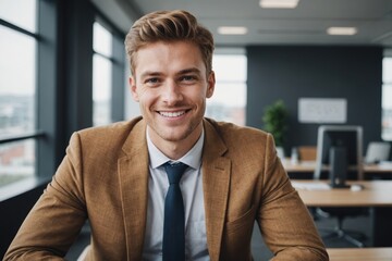 Obraz premium young confident entrepreneur sitting in modern office smiling and looking at camera