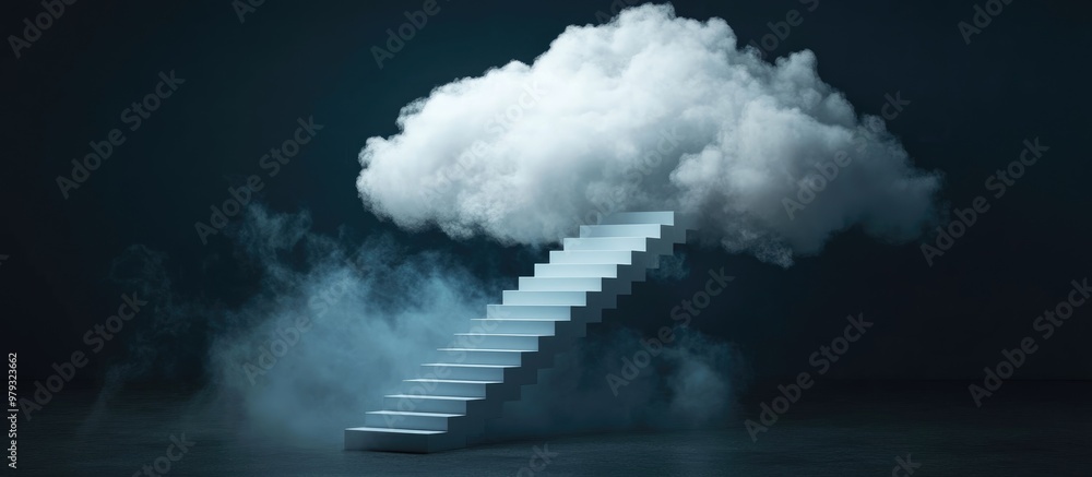 Poster surreal illustration of a white cloud with a staircase against a dark backdrop a creative blend of f