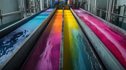 Fototapeta premium A section of the factory dedicated to dyeing fabrics is filled with large vats of colorful dyes