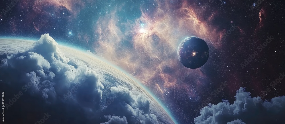 Poster surreal and imaginative 3d rendering of the world and moon featuring clouds stars and the orion nebu