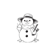 Cheerful Snowman Holding Snowball - Black Outline Vector Illustration.