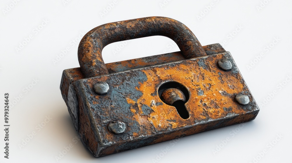 Poster a rusty padlock resting on a surface, symbolizing security.