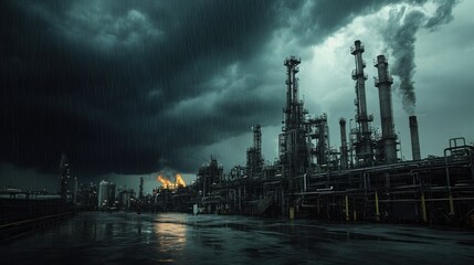 Obraz premium A stormy sky looms over a large oil refinery, with workers rushing to secure the site against heavy rainfall