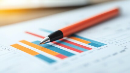 Close-up of a pen resting on a report with colorful bar graphs, symbolizing data analysis and financial planning.