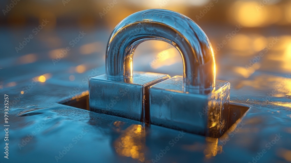 Poster a close-up of a shiny padlock resting in a metallic surface.