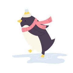 Playful cartoon vector illustration of am ice skating penguin