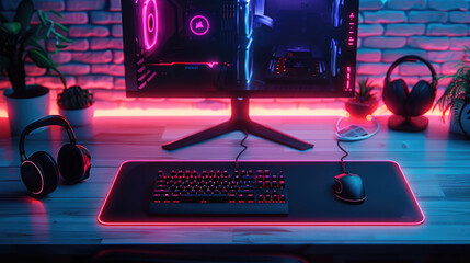Top view of a gaming setup desk, neon light, mockup, keyboard, mousepad. Generative AI.