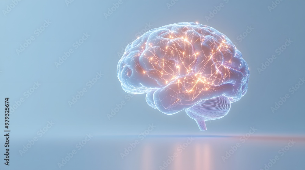 Poster a digital representation of a human brain with glowing neural pathways