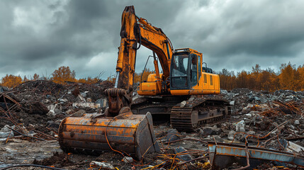Yellow excavator at a demolition site, surrounded by rubble and debris under a gloomy sky, illustrating themes of destruction, industry, and transformation