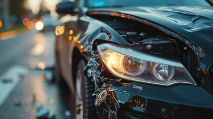 Damaged car with a broken headlight and crumpled hood on a city street, capturing a moment of accident, impact, and the fragility of modern vehicles