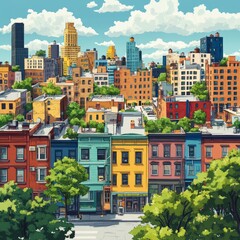 Fototapeta premium Colorful Cityscape with Green Trees and Blue Sky