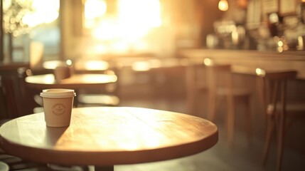 A warm cafe scene with sunlight illuminating a coffee cup on a wooden table.