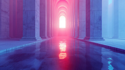 Architectural corridor with arches reflecting in a calm, shallow pool, bathed in soft pink and blue light, creating a tranquil and surreal atmosphere