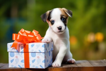 Puppy came up from a gift box mammal animal pet.