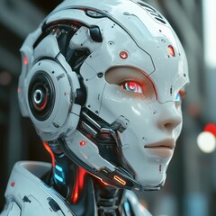 Fototapeta premium Futuristic Robot Woman with Red Eyes and White Helmet