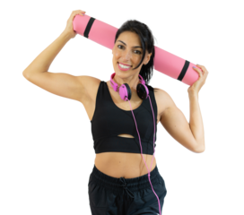 Young woman holding yoga mat isolated on transparent background, panoramic banner, Sport, fitness, meditation, yoga balance, mindfulness, workout, hobby, healthy lifestyle concept