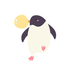Playful cartoon vector illustration of a penguin chewing bubble gum