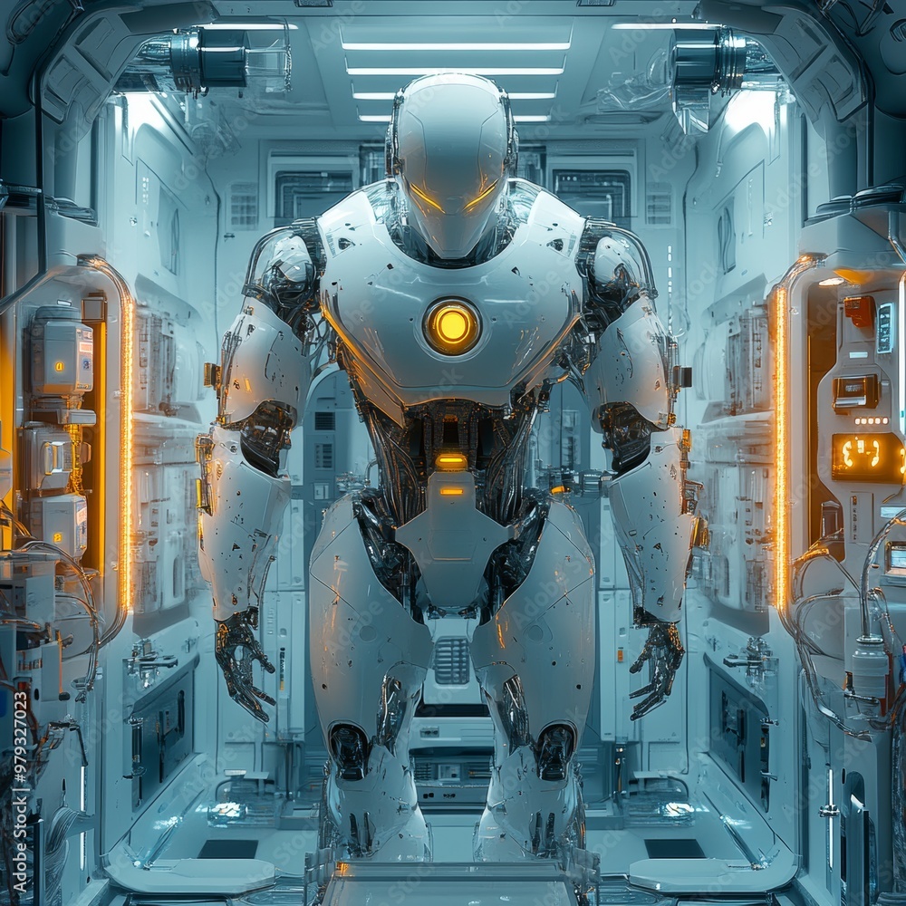 Poster futuristic robot in sci fi lab