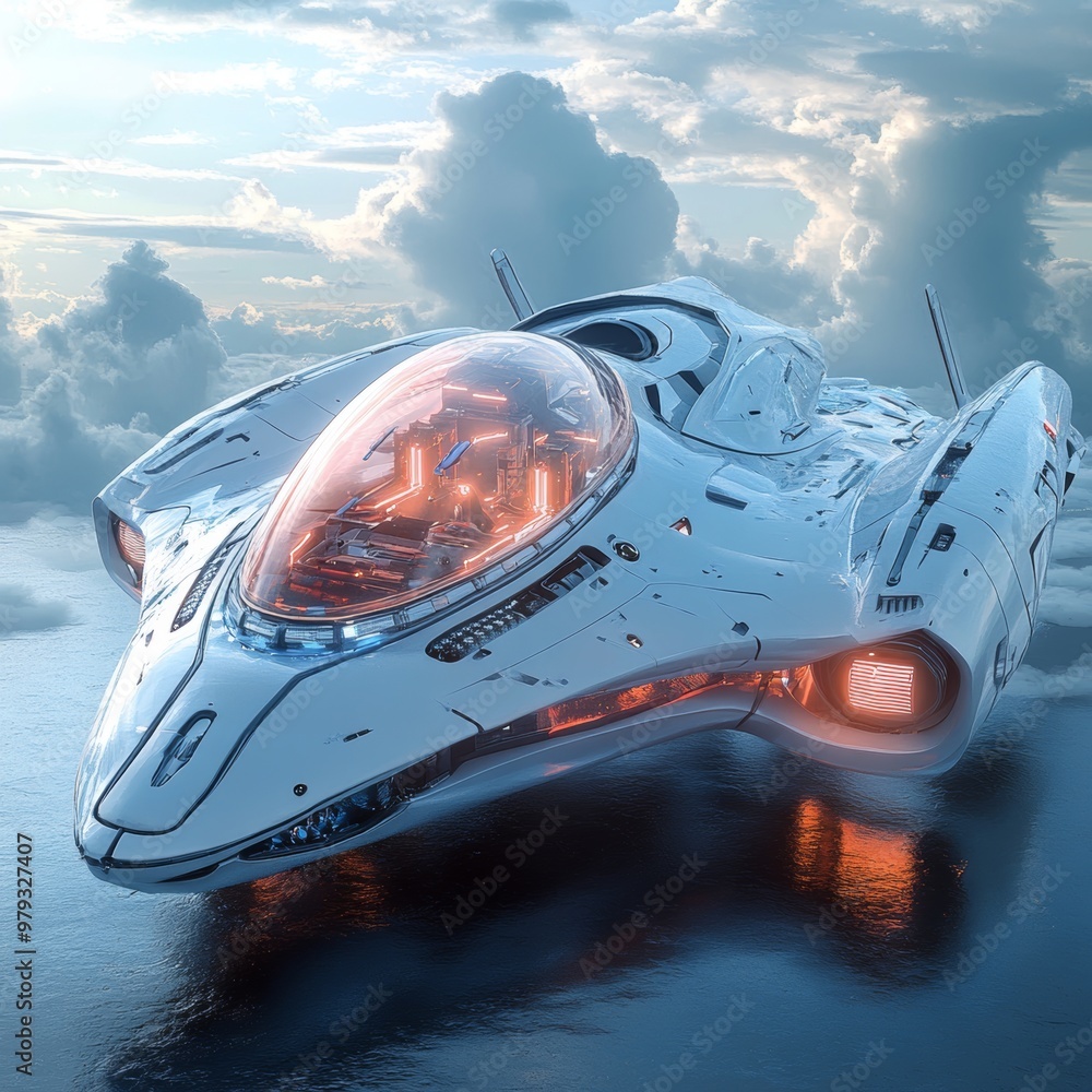 Poster futuristic spaceship flying through clouds 3d render