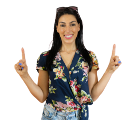 Portrait of a smiling woman pointing fingers up over transparent background.