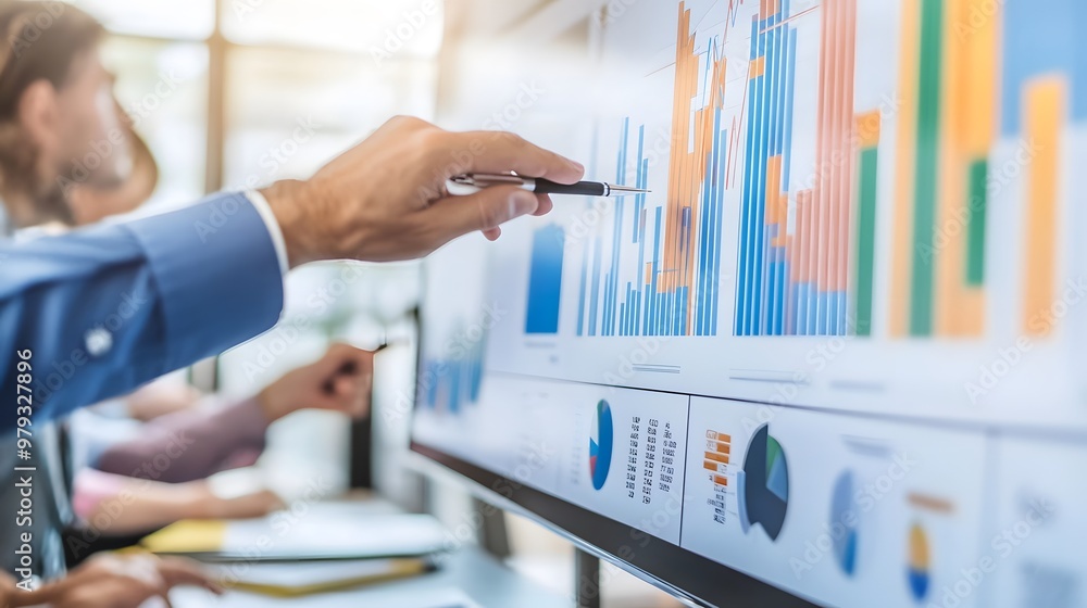 Aufkleber businessperson presenting data on a large screen with bar charts and pie charts