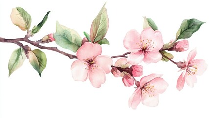 Fototapeta premium A watercolor illustration of a cherry blossom branch with pink flowers and green leaves.