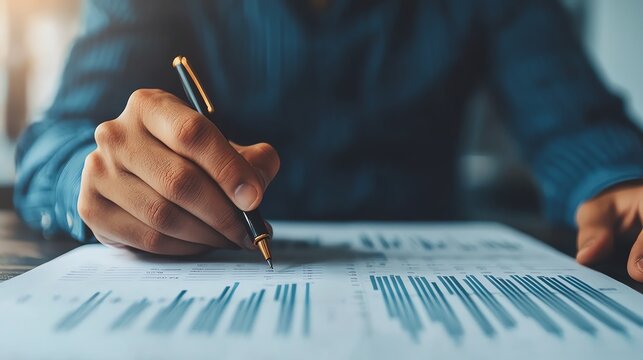 Focused businessman analyzing financial data on paper, taking notes with a pen. Essential for reports and presentations.