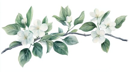 A watercolor illustration of a flowering branch with delicate white blossoms and green leaves.