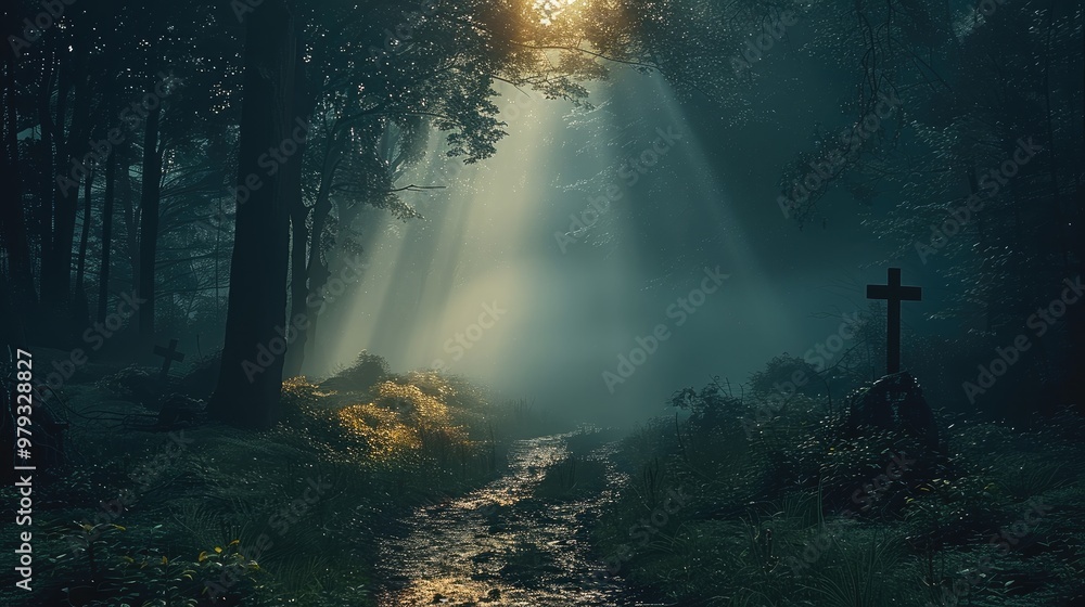 Aufkleber a mystical forest at dusk, with beams of light and mist. at the end of the path. generative ai.