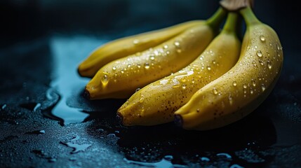 A close-up shot of bananas with water droplets glistening in the sunlight, placed on a dark, reflective surface, emphasizing freshness and a cooling effect.