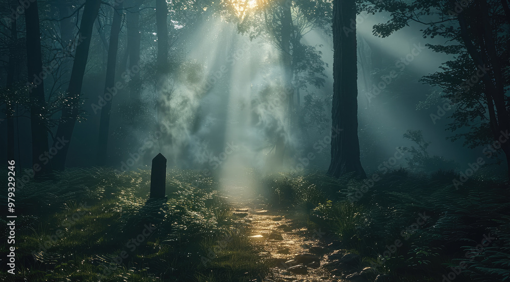 Aufkleber a mystical forest at dusk, with beams of light and mist. at the end of the path. generative ai.