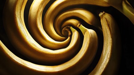 A creative arrangement of bananas forming a spiral pattern, with dramatic lighting to highlight their shape and texture, suitable for modern art,