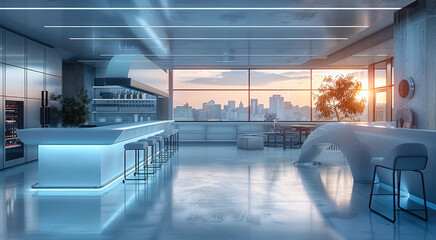 Open-plan office kitchen with a long table and bar stools, Futuristic design. Generative AI.