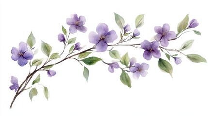 Obraz premium A watercolor illustration of delicate purple flowers and green leaves.