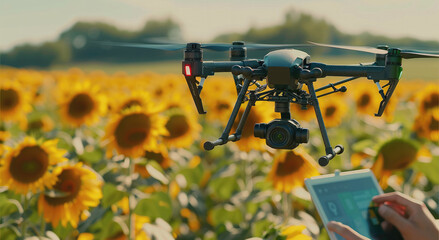 Close-up of an advanced drone flying over a sunflower field, showing intricate details like the camera lenses and sensors. Real-time data visualization on a screen held by a nearby technician.