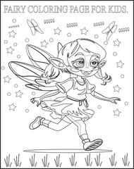 Fairy in the Forest with Rainbow in the Sky Coloring Page For Kids.