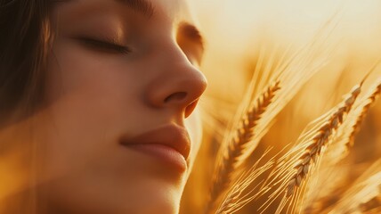 A serene close-up of a woman's face, softly illuminated by golden sunlight amidst golden wheat stalks.