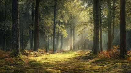 Fototapeta premium A serene forest scene with tall trees and sunlight filtering through the leaves