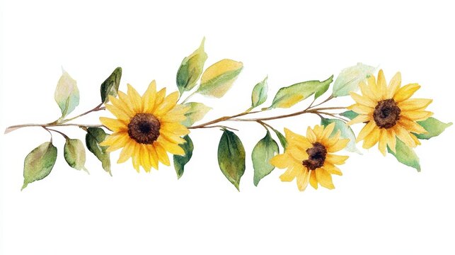 A watercolor illustration of sunflowers and leaves, perfect for decor or design projects.