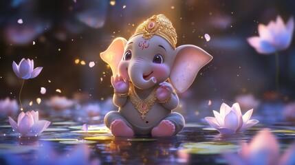 A cute Ganesh character illustration, depicted as a baby elephant god with a joyful expression, surrounded by floating lotus flowers and soft light