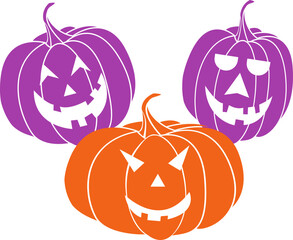 Three Halloween Pumpkins Illustration. Funny and Creepy Design for Autumn Backgrounds. Spooky Graphic. Angry Jack O Lantern with Evil Eyes, ideal for Trick or Treat Celebrations, 31 October Parties