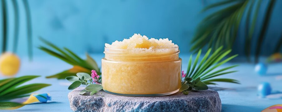 Body scrub jar on stone slab with herbs, colorful palm leaves, and cute cartoon accents, skincare, body scrub, cute decor, product styling