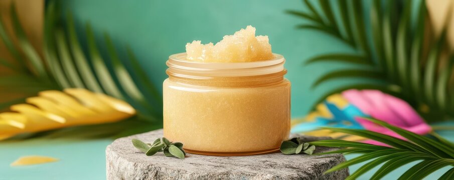 Body scrub jar on stone slab with herbs, colorful palm leaves, and cute cartoon accents, skincare, body scrub, cute decor, product styling