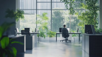 A modern office with employees working on sleek laptops, large windows casting natural light, greenery around the workspace, minimalistic design