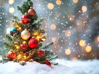 A fully adorned Christmas tree with vibrant ornaments, showcased against a snowy background, creating a perfect festive scene.