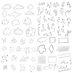 Big bundle of scribble and doodle for notes arrows and speach bubbles different ink textures