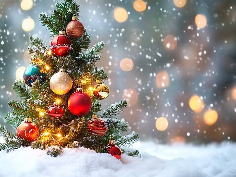 A fully adorned Christmas tree with vibrant ornaments, showcased against a snowy background, creating a perfect festive scene.
