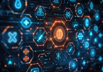 A futuristic digital interface with medical symbols and icons floating in a dark blue background. The icons are arranged in circular bubbles, include a heart rate monitor, brain, test tube.