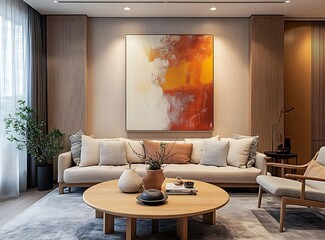 Contemporary living room decor with white couch and yellow abstract artwork.